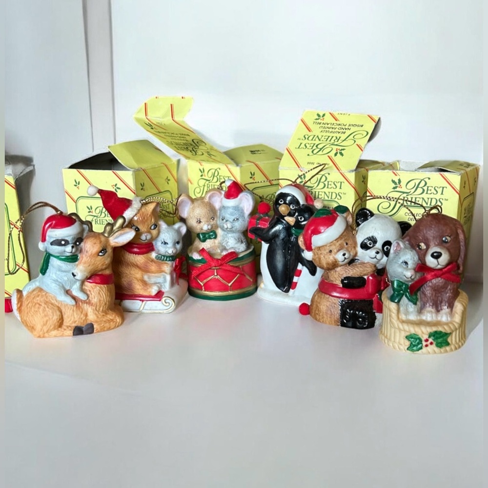 Vintage 80’s “Best Friends" Bisque Porcelain Bell Ornaments by J.S.N.Y. (6)